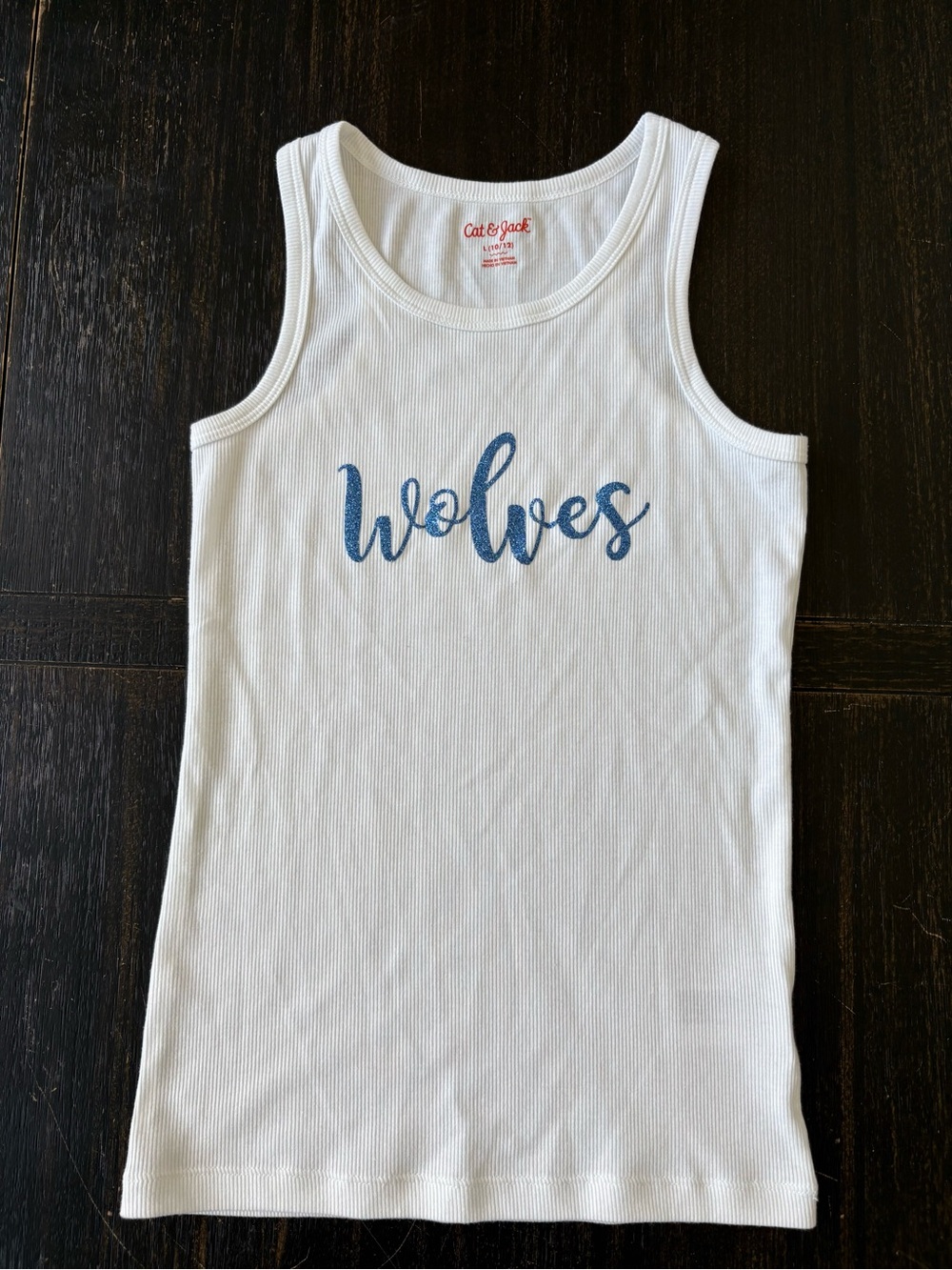 White Ribbed Tank Top with custom sparkly Blue 'Wolves' Script